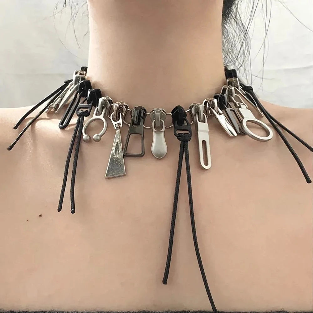 Cyber Punk Zipper Necklace Fringe Chain Y2k Choker Men's/Women's Fashion