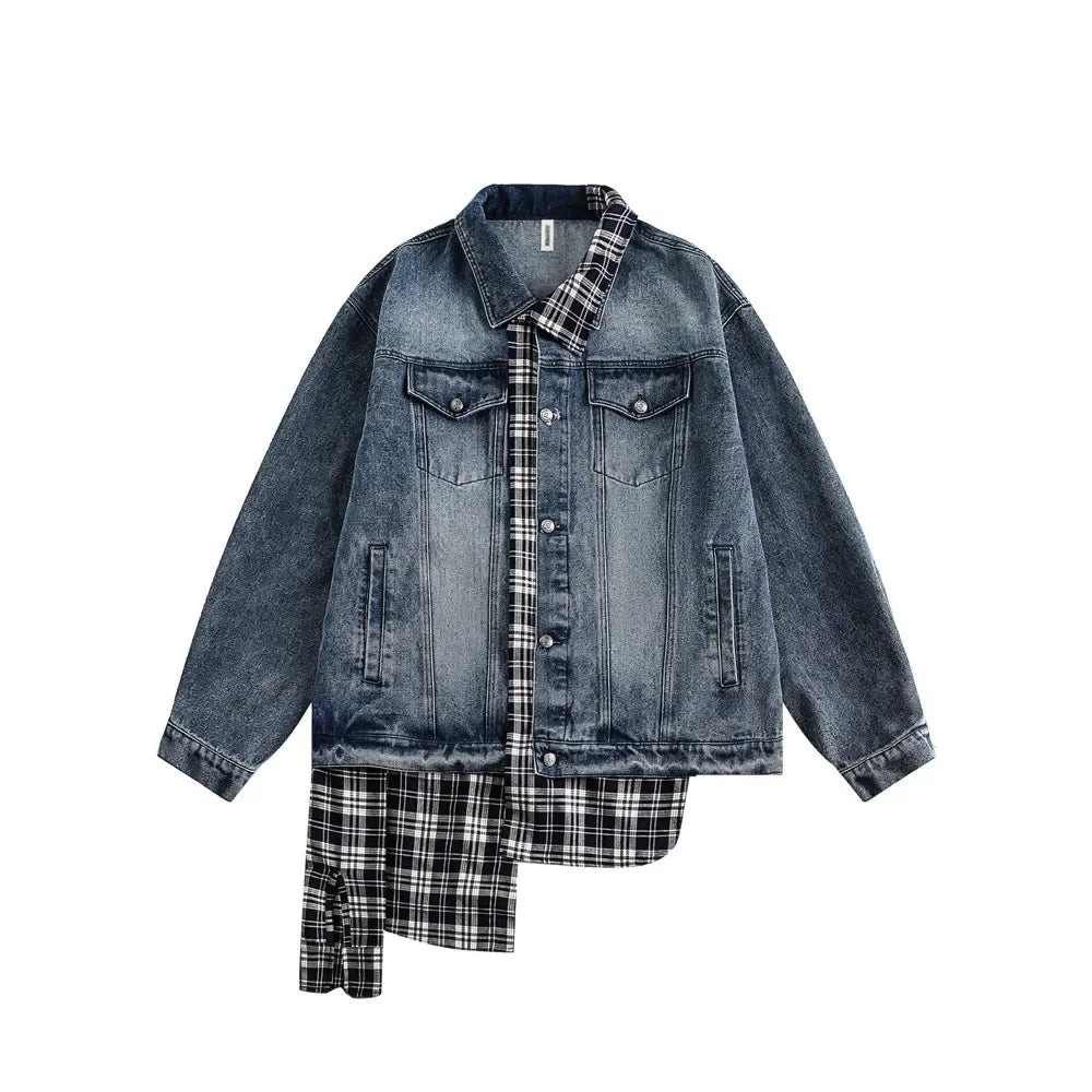 Plaid Patchwork Denim Jacket Mens High Street Autumn Lapel Single Breasted Long Sleeve Outerwear Jeans Jacket