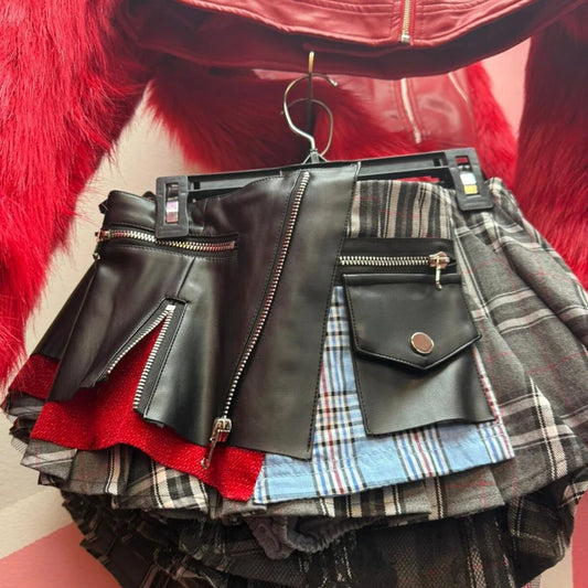 2025 New Women's Cotton Lace Patchwork Design Plaid Mini Leather Skirts Streetwear Female Modern Punk Irregular Pleated Skirt