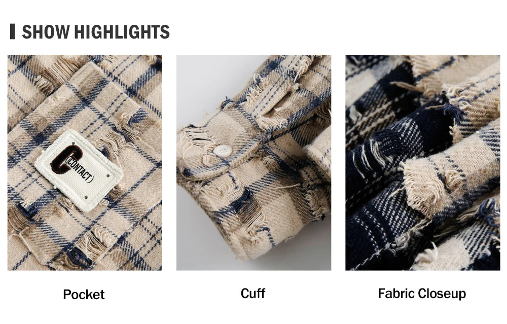 Plaid Patchwork Long Sleeve Shirts Mens Ripped Curved Hem High Street Autumn Pocket Lapel Single Breasted Shirts Men