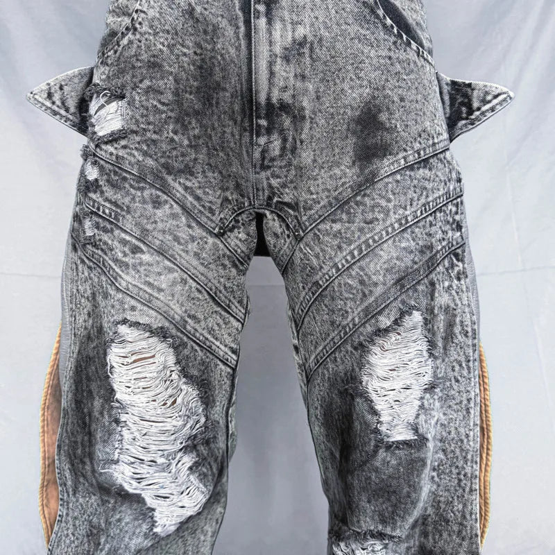 Destroy Hole Deconstruct Spliced Design Jeans Male High Street Worn-out Washed Straight Trousers Spring Chic New 28W4061