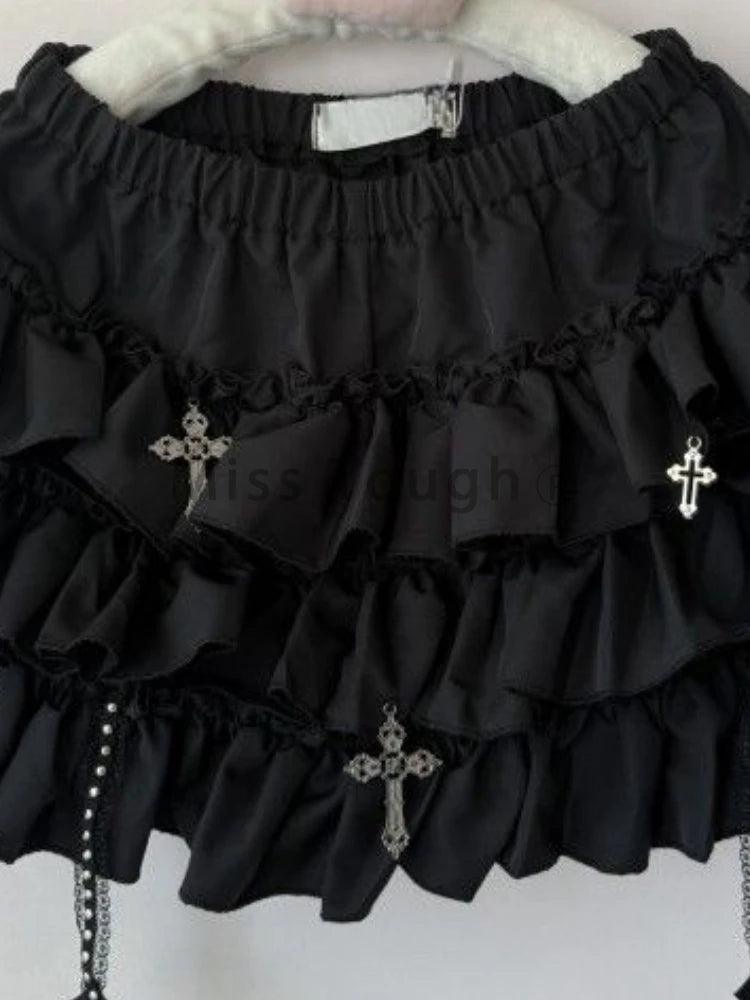 Aesthetic Y2k Elastic Waist Cross Short Skirt Women Hot Chick Chic High Waist Ruffle Skirts Female Design Retro Cake Skirt New