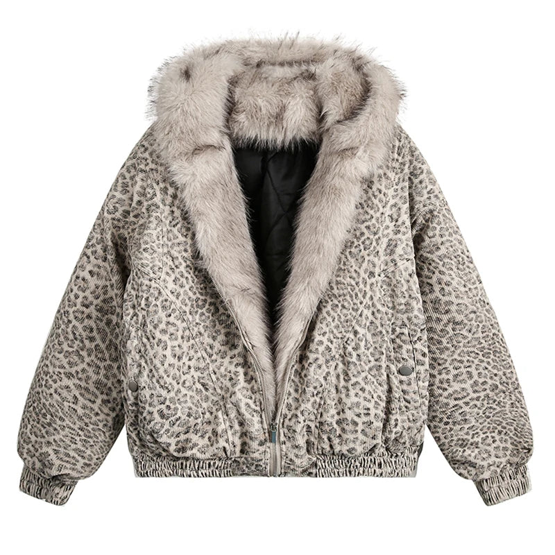 Men's Leopard Print Fur Collar Hooded Coat – Thick Quilted Winter Jacket