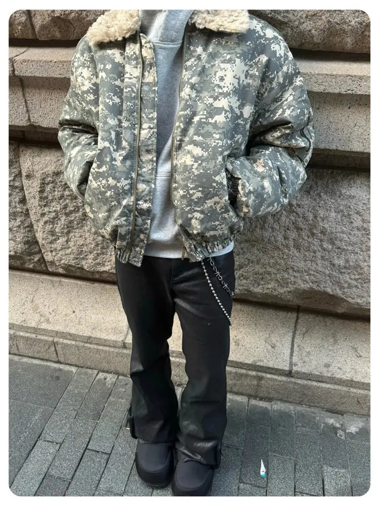 Detachable Fur Collar American Camouflage Men Cotton Jacket Contrast Color Long Sleeve Male Tops Korea Fashion 21Z7058