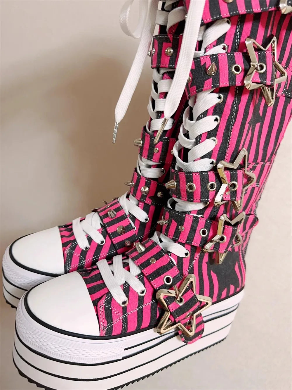 Women wasteland punk long Boots high wedge party shoes round toe canvas shoes Striped pentagram