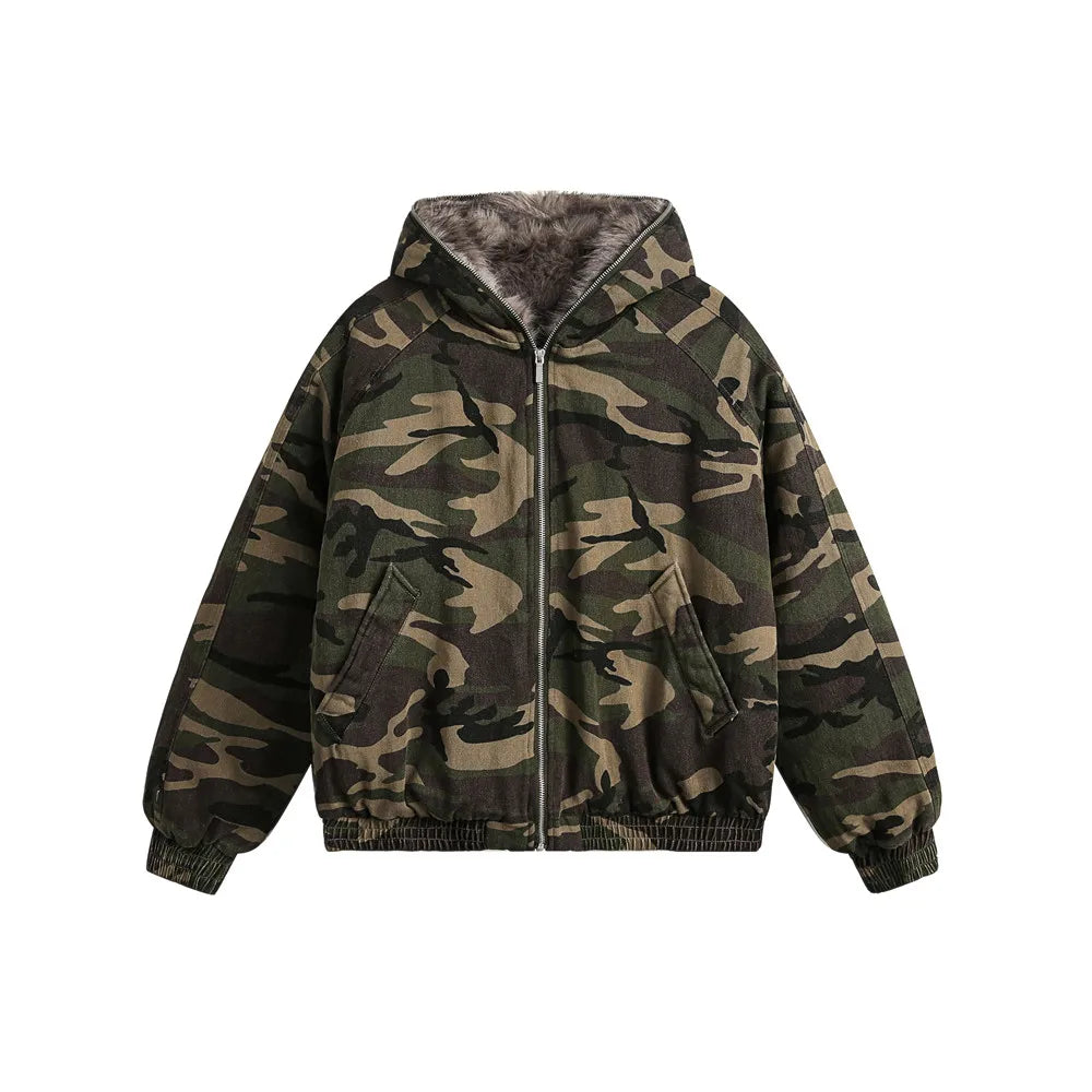 Camouflage Spliced Quilted Jacket Mens Winter High Street Thick Raglan Sleeve Loose Hooded Padded Jacket Men