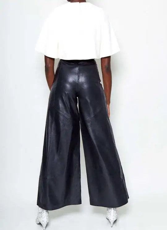 Casual Loose Leather Pants Women High Waist Wide Legs Solid Pocket Flare Pant Female 2025 Autumn Fashion Belt Streetwears Lady