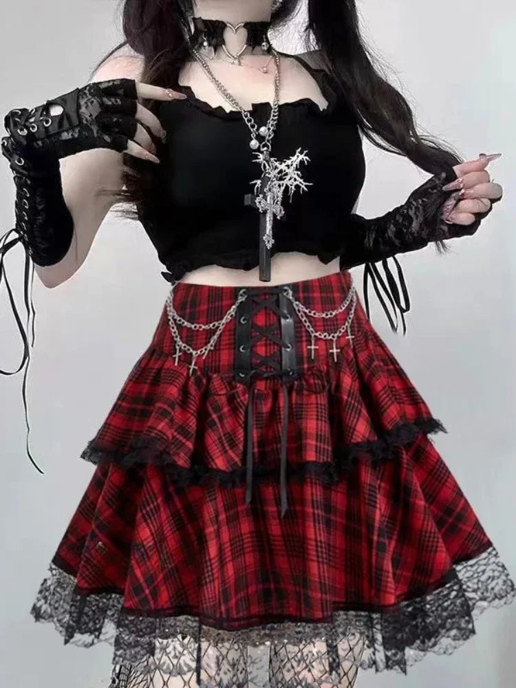 2024 New Japanese Vintage Dark Gothic Punk Y2K Millennium Black Red Plaid Skirt Harajuku Retro High Waist Lace Fluffy Mini Skirt