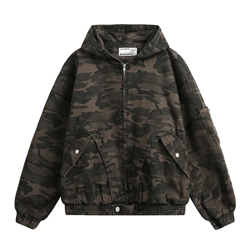 Men's Camouflage Hooded Jacket, Embroidered Patchwork, Zipper, Loose Streetwear Coat