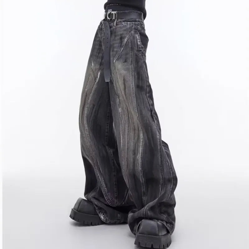 Ropa Y2K Streetwear Spray Painting Baggy Stacked Jeans, Wide Leg Vintage Black