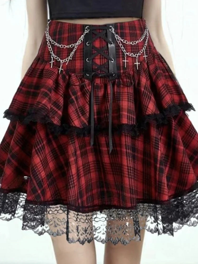 2024 New Japanese Vintage Dark Gothic Punk Y2K Millennium Black Red Plaid Skirt Harajuku Retro High Waist Lace Fluffy Mini Skirt