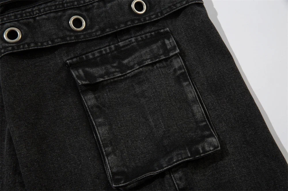 Multi-Pocket Spliced Wide Leg Jeans Mens Washed Distressed Loose Baggy Denim Pants Men Trousers