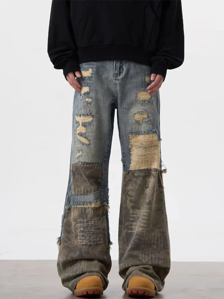 Trashy Y2K Streetwear, Ripped Stacked Baggy Jeans ,Camouflage Patchwork