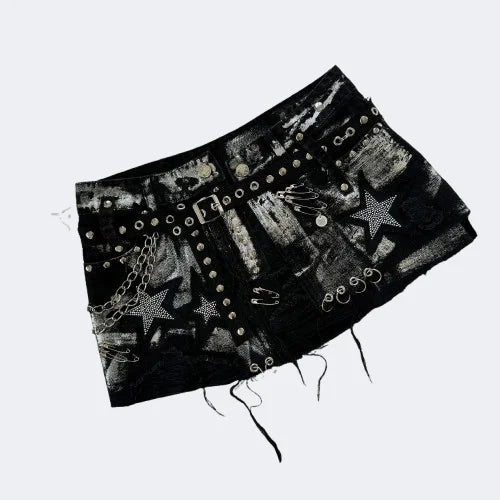 Y2K New Gothic Retro Black Denim Skirt Harajuku Star Graphic Rhinestone Rivet Mini Skirt Sexy Hot Girl Slim Low Waist Hip Skirts