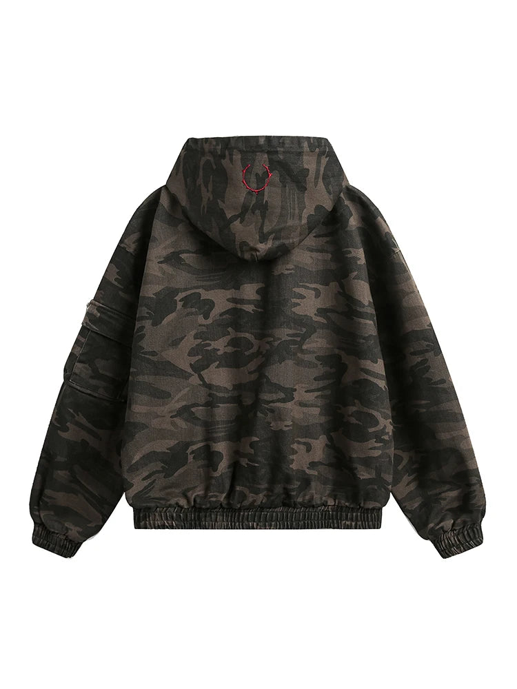 Men's Camouflage Hooded Jacket, Embroidered Patchwork, Zipper, Loose Streetwear Coat