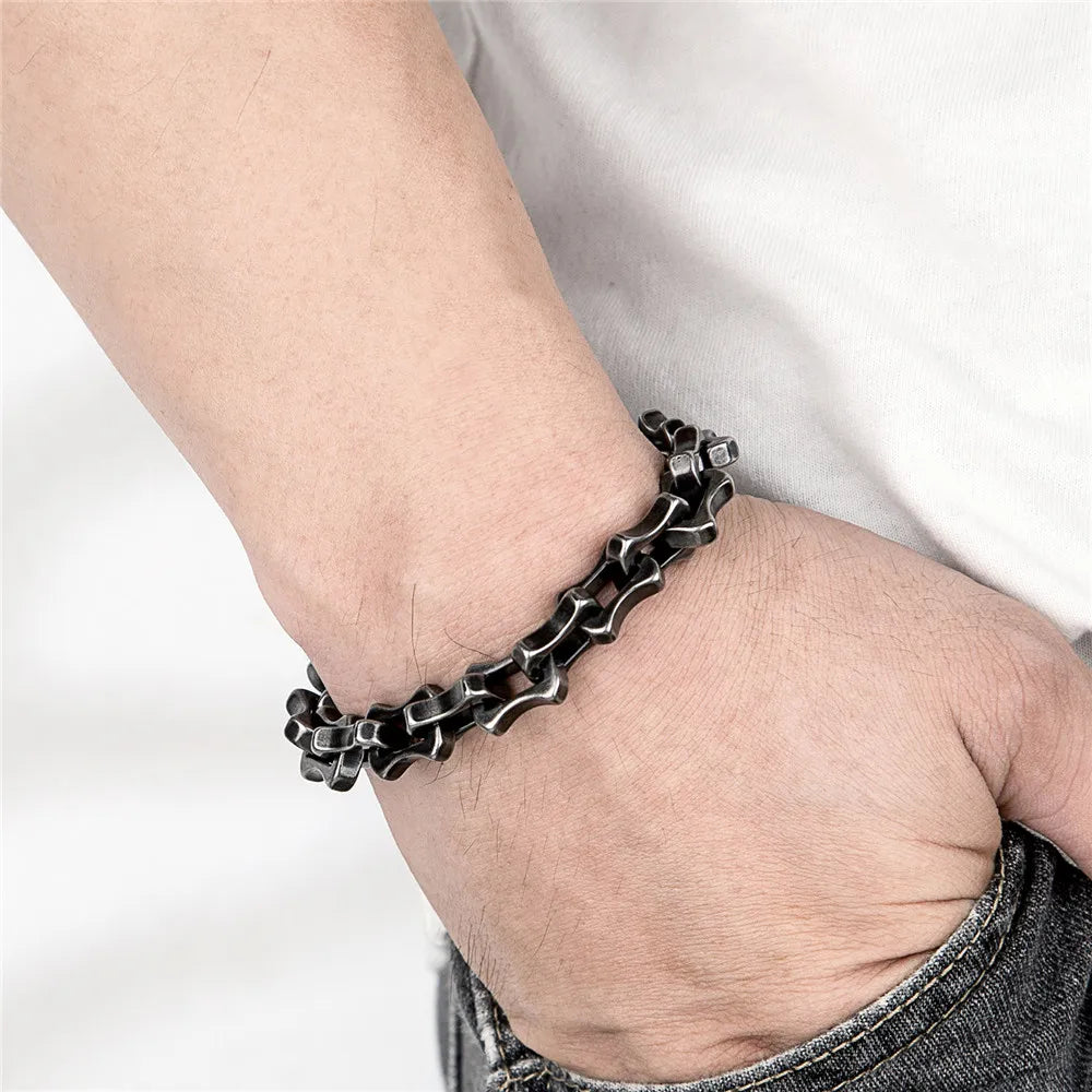 Locomotive Vintage Oxidized Black Keel Chain Link Men Bracelet Punk Stainless Steel Motorcycle Bracelets Male Jewelry