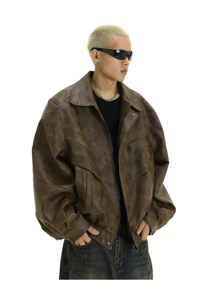 Retro Distressed Brown PU Leather Jacket – Men's Vintage American Style