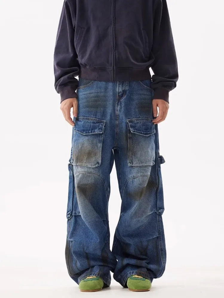 Grunge/Y2K Streetwear Pleated Baggy Cargo Jeans, Vintage Blue Wide Leg Denim