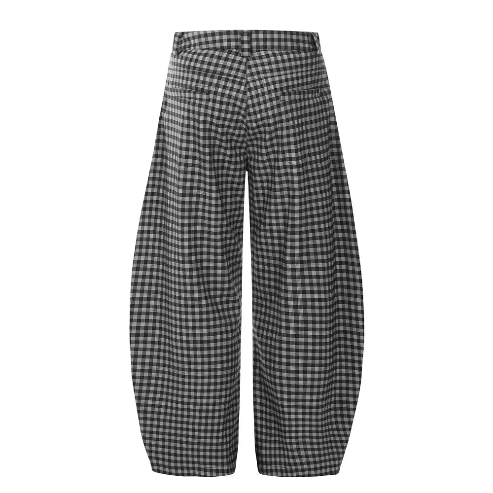 Retro Plaid Wide Leg Pants Mens Spliced Zipper Fly High Street Loose Casual Baggy Trousers Men