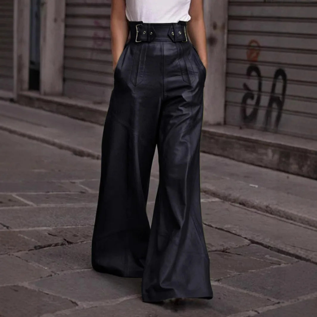 Casual Loose Leather Pants Women High Waist Wide Legs Solid Pocket Flare Pant Female 2025 Autumn Fashion Belt Streetwears Lady