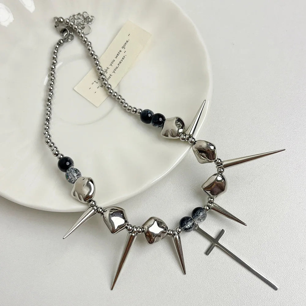 Retro Y2K Long Spike Rivet Necklace Stainless Steel Cross Hip Hop Necklace for Women Vintage Grunge Style Party Jewelry