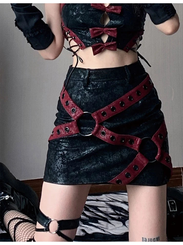 Lautaro Red & Black Patchwork PU Leather Mini Skirt