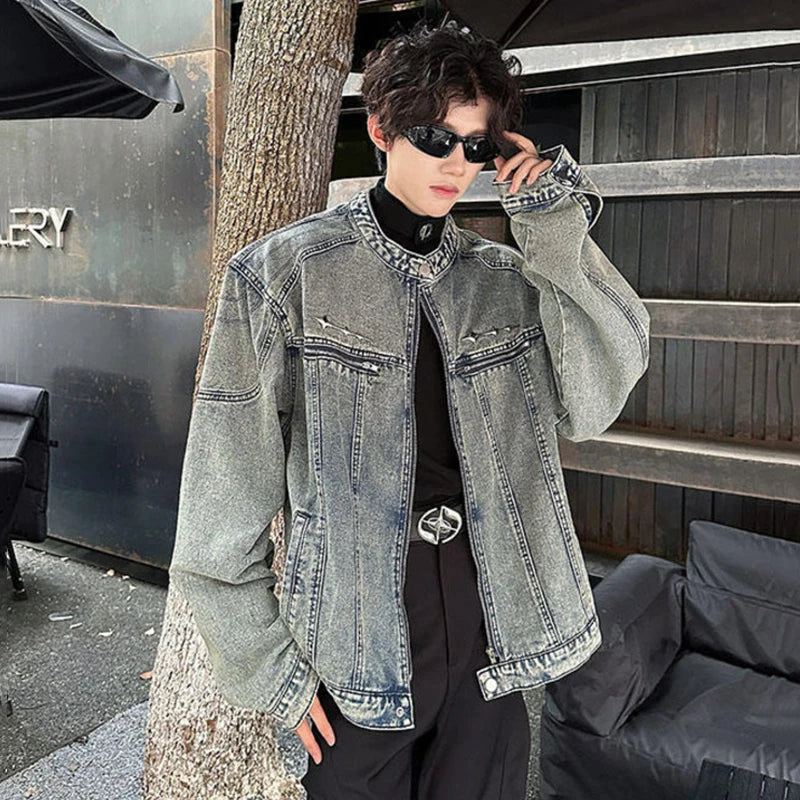 Men's Denim Jacket, Patchwork with Metal Design, Shoulder Pads, Loose Short Streetwear Coat