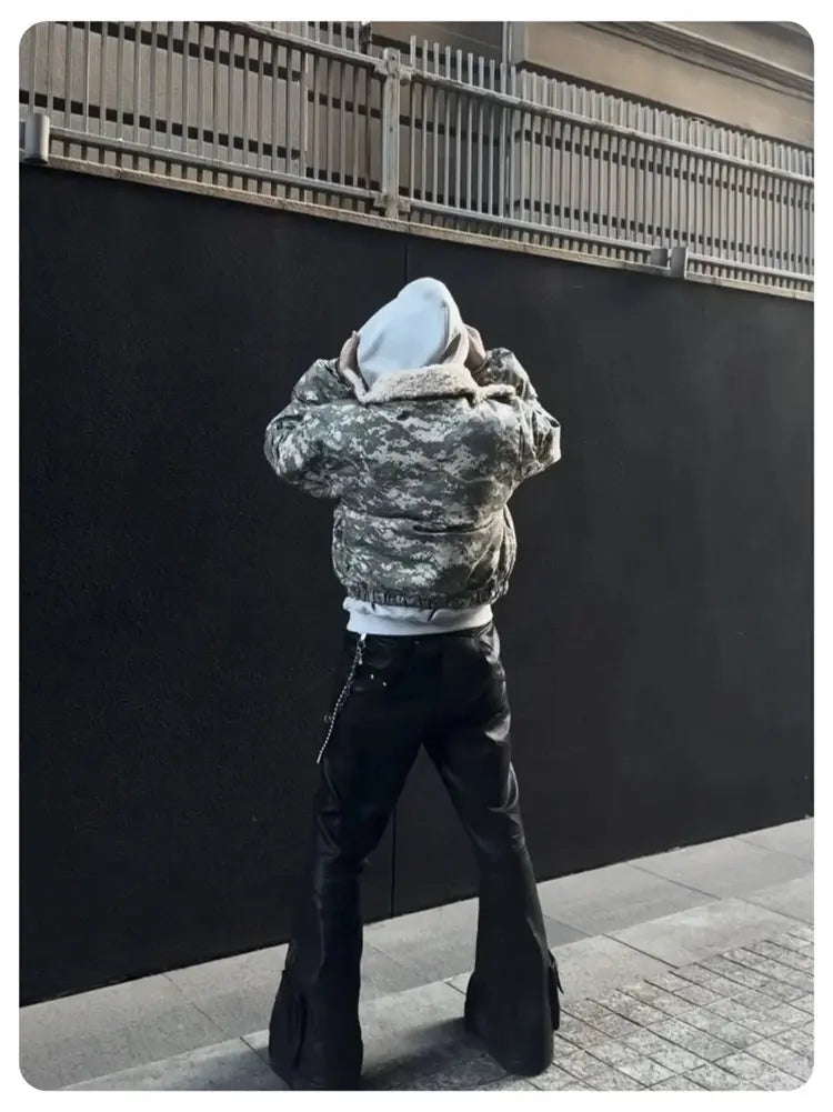 Detachable Fur Collar American Camouflage Men Cotton Jacket Contrast Color Long Sleeve Male Tops Korea Fashion 21Z7058