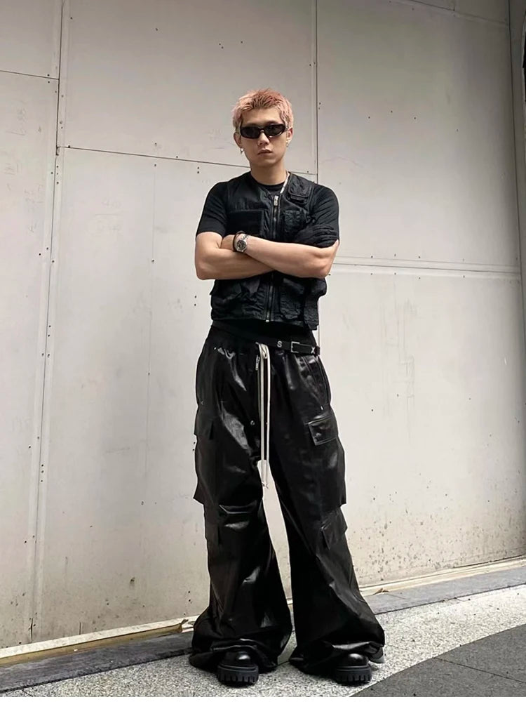 Mauroicardi Spring Autumn Cool Black Shiny Reflective Pu Leather Wide Leg Pants for Men Drawstring Waist Mens Designer Clothes