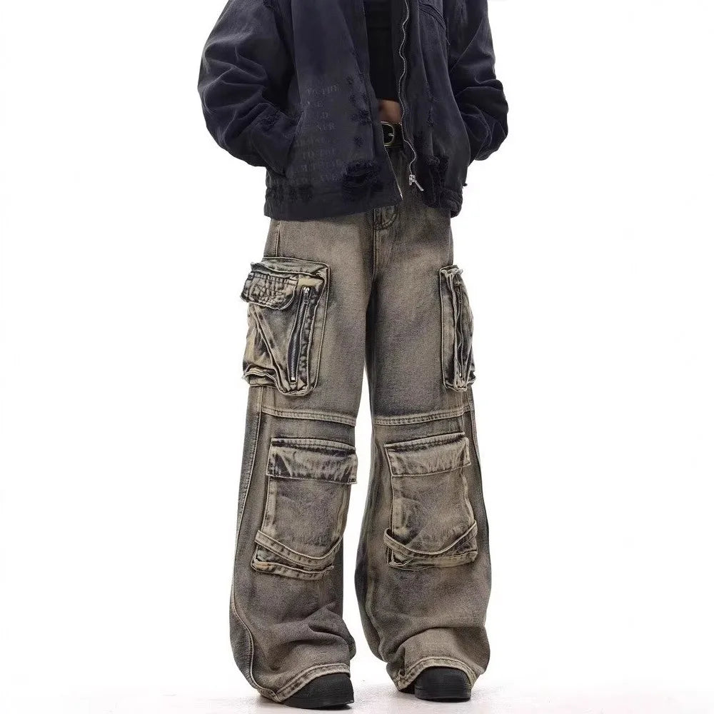 American Washed Distressed Denim Cargo Pants For Men Multi Pocket Spliced Design Hip-hop Loose Wide Leg Baggy Jeans 28W5622