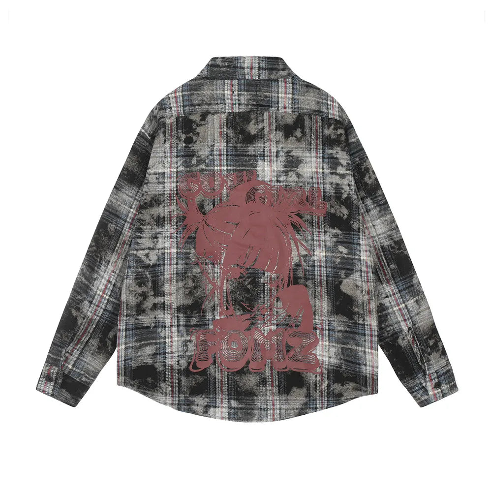 Cartoon Print Plaid Long Sleeve Shirts Mens High Street Autumn Loose Cotton Lapel Single Breasted Curved Hem Shirts Men