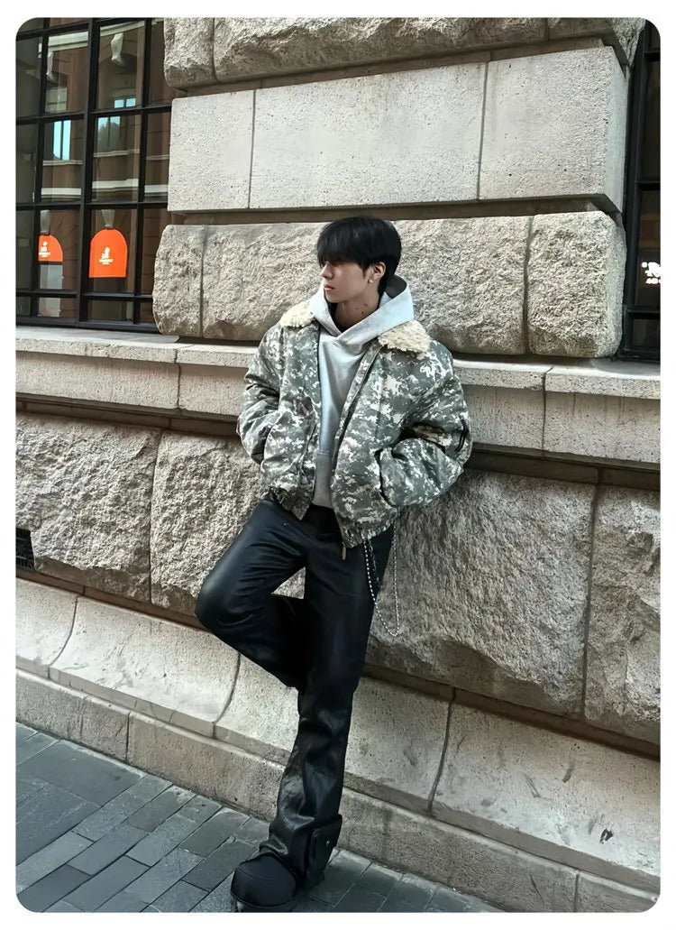 Detachable Fur Collar American Camouflage Men Cotton Jacket Contrast Color Long Sleeve Male Tops Korea Fashion 21Z7058