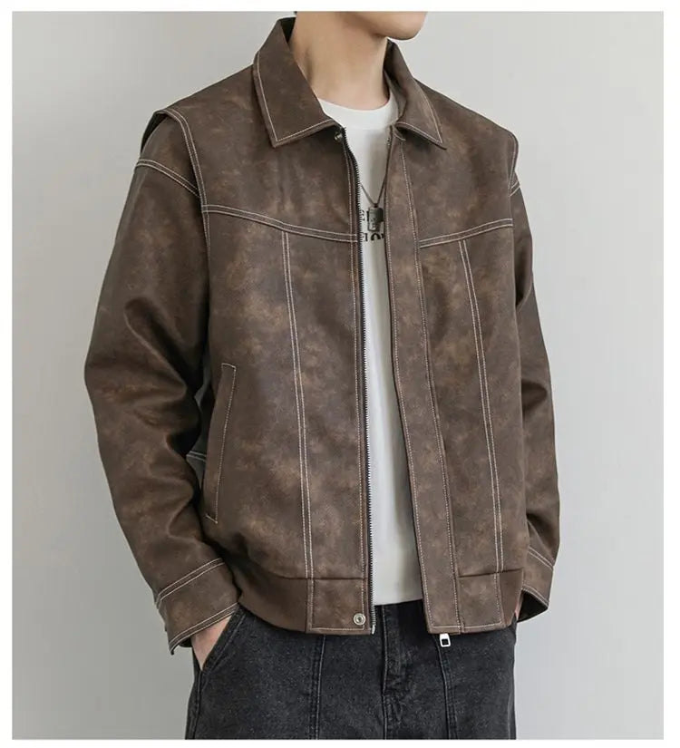 American Style PU Leather Jacket, Solid Color, Turn-Down Collar, Long Sleeve Streetwear