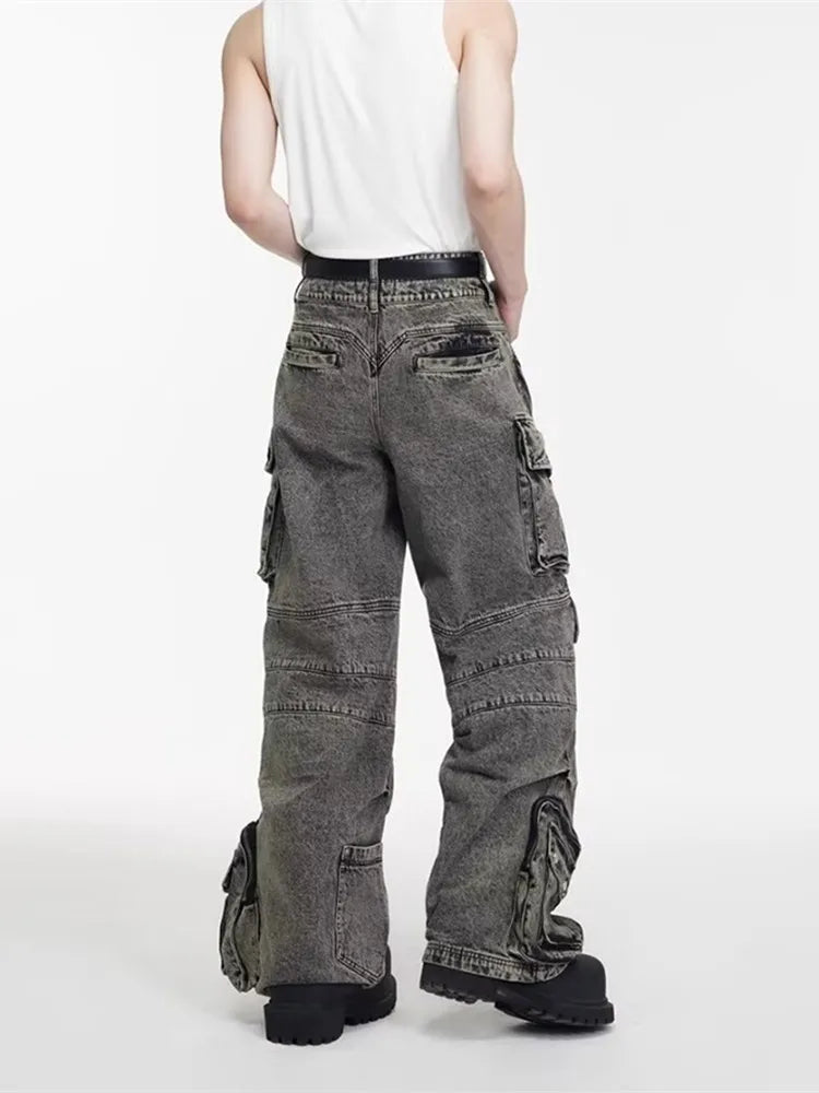 Cyber Y2K - Washed Grey Baggy Cargo Jeans, 90S Vintage Style