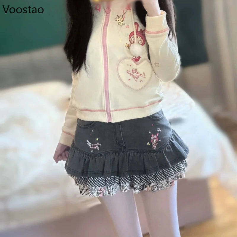 Japanese Cute Lolita Style Denim Skirt Women Sweet Cartoon Bunny Embroidery Patchwork Ruffles Mini Skirts Kawaii Y2k Punk Skirts