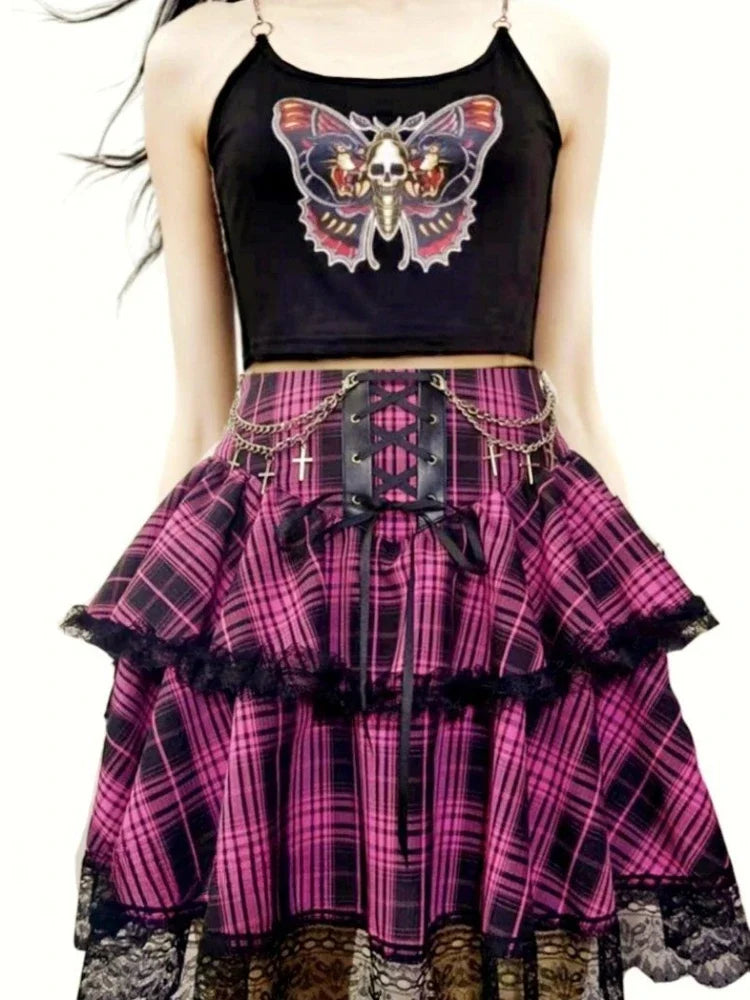 2024 New Japanese Vintage Dark Gothic Punk Y2K Millennium Black Red Plaid Skirt Harajuku Retro High Waist Lace Fluffy Mini Skirt