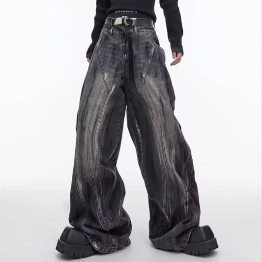 Ropa Y2K Streetwear Spray Painting Baggy Stacked Jeans, Wide Leg Vintage Black