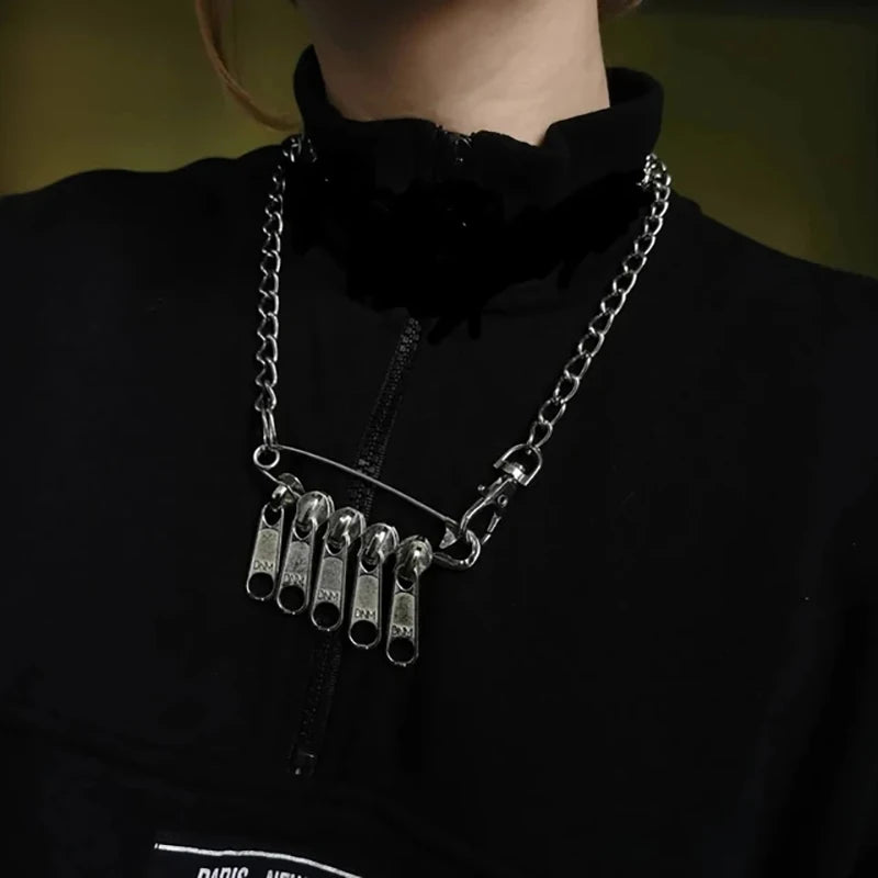 Cyber Punk Zipper Necklace Fringe Chain Y2k Choker Men's/Women's Fashion