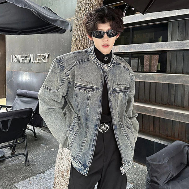 Men's Denim Jacket, Patchwork with Metal Design, Shoulder Pads, Loose Short Streetwear Coat