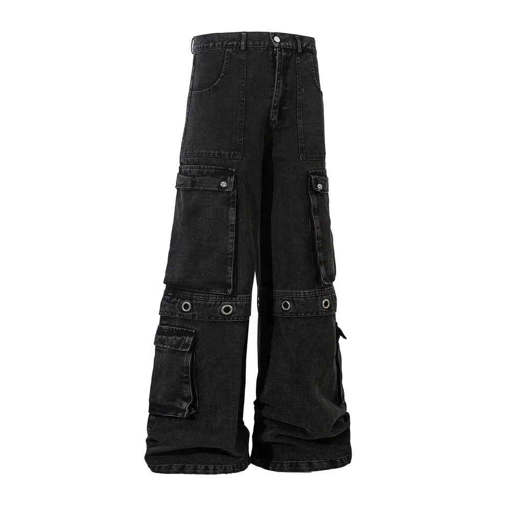 Multi-Pocket Spliced Wide Leg Jeans Mens Washed Distressed Loose Baggy Denim Pants Men Trousers