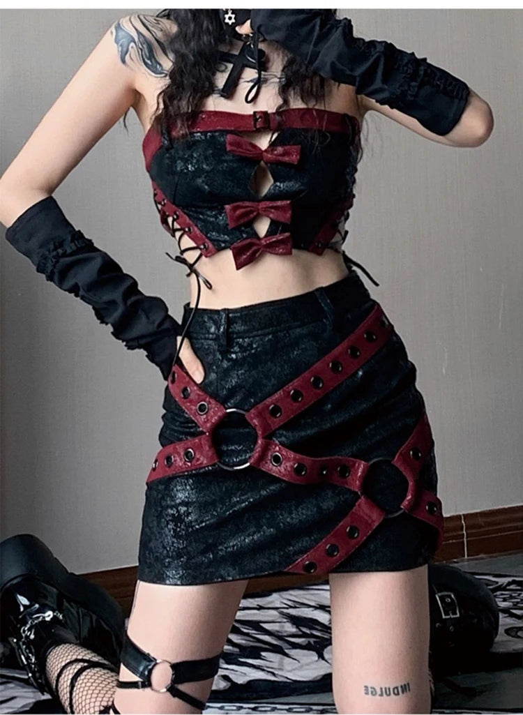 Lautaro Red & Black Patchwork PU Leather Mini Skirt