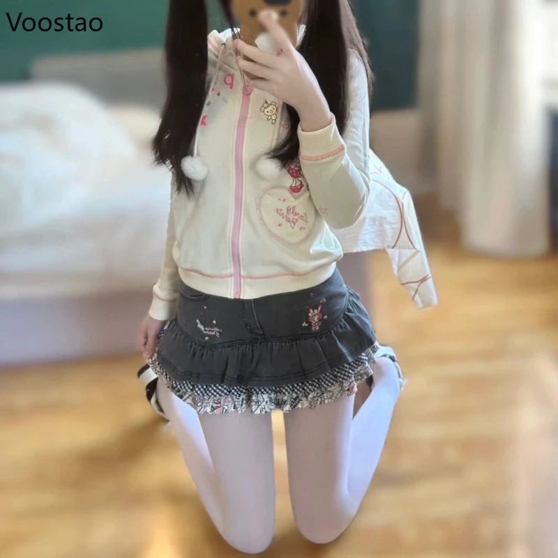 Japanese Cute Lolita Style Denim Skirt Women Sweet Cartoon Bunny Embroidery Patchwork Ruffles Mini Skirts Kawaii Y2k Punk Skirts