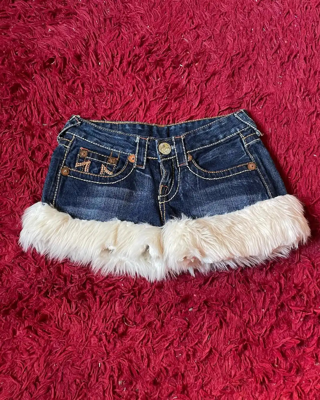 Y2K Mini Skirt Retro Gothic Embroidery Sexy Spicy Girl Artificial Fur Slim Denim Short Skirt Casual Hip-hop Skirt A-line