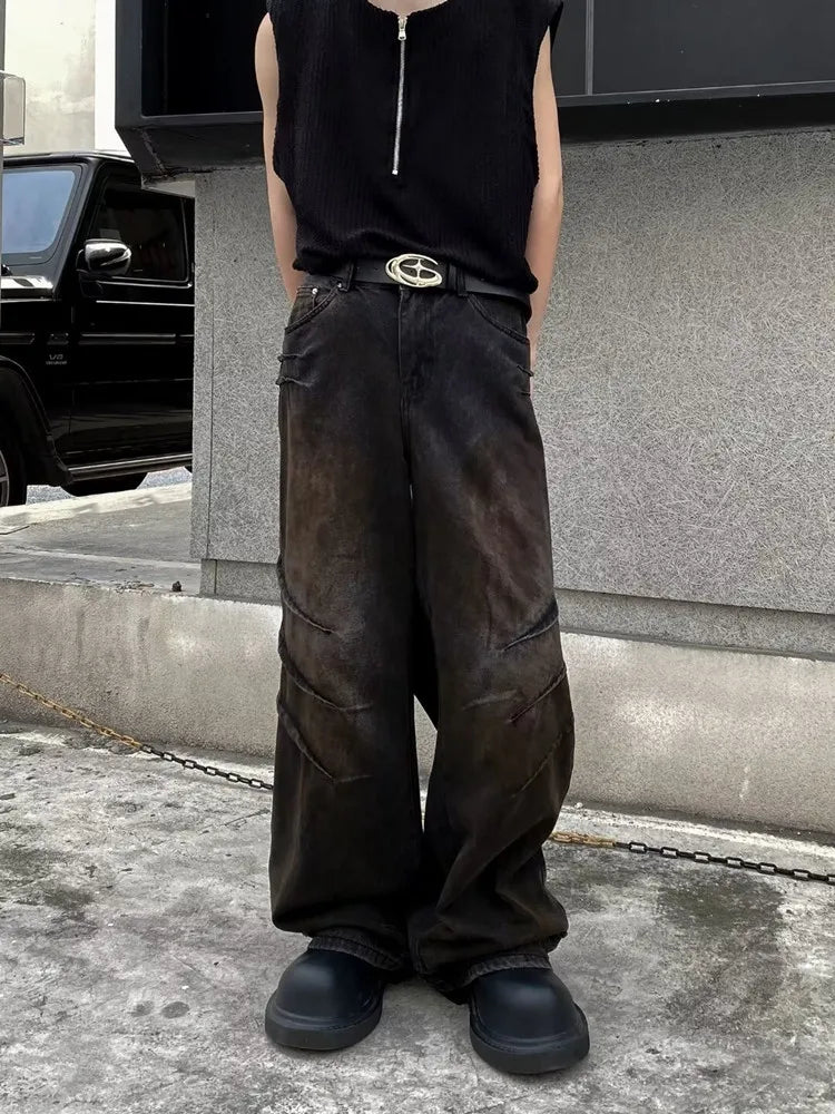 Cyber Y2K Streetwear Black Distressed Pleated Baggy Jeans, Straight Loose Gothic Long Trousers