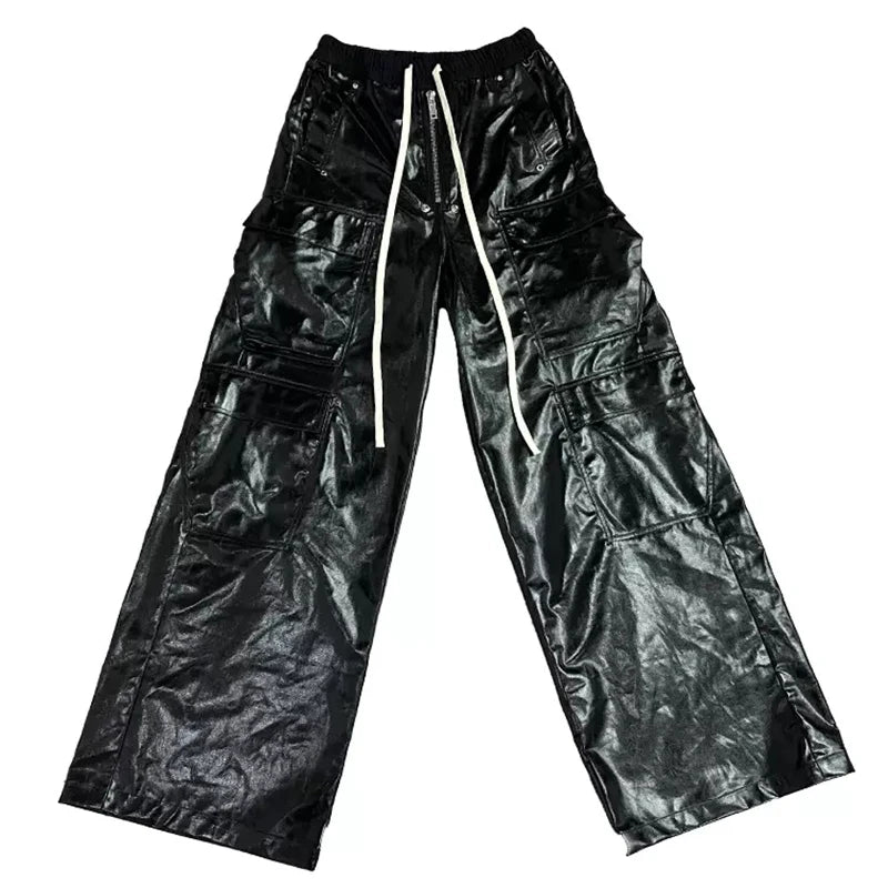 Mauroicardi Spring Autumn Cool Black Shiny Reflective Pu Leather Wide Leg Pants for Men Drawstring Waist Mens Designer Clothes