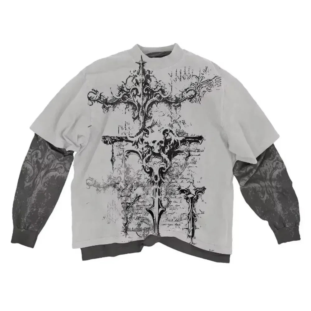 Y2K skull pattern long sleeved T shirt Mens/Women's Casual Gothic Clothing Tops