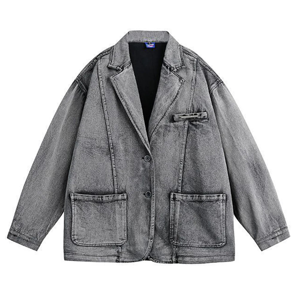 Suit Jacket Mens Japanese Fashion Trend Retro Washed Denim Jacket Autumn New Casual Niche Distressed Suit Collar Jacket Top