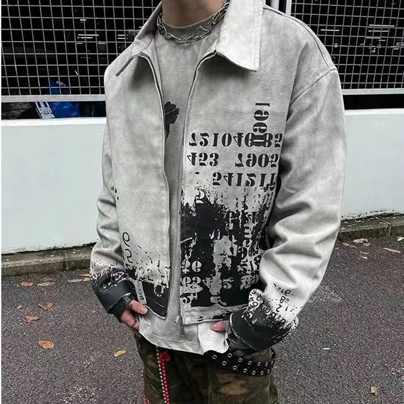 Washed Painted Autumn Windbreaker Jackets Mens and Women Turn Down Collar