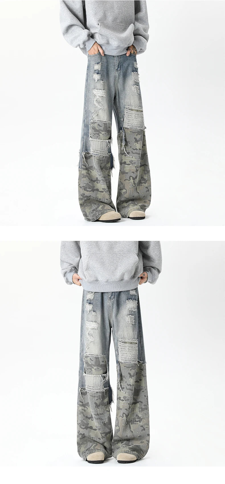 Camouflage Wide jeans men Ripped Patchwork New Mainstream Hip Hop Skateboard Men Women Streetwear High Street Super Loose Jeans