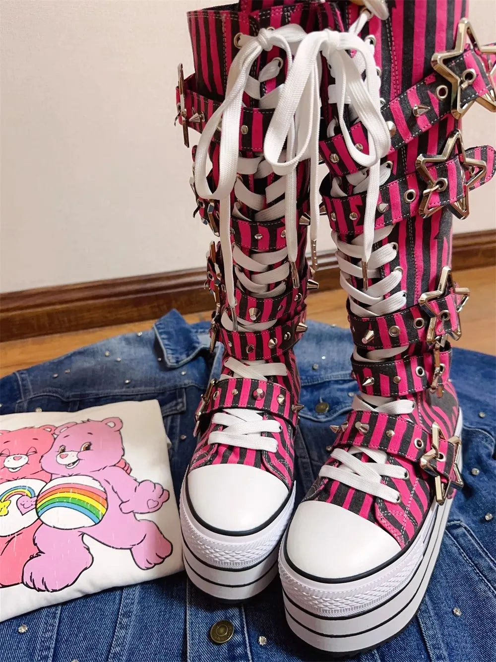 Women wasteland punk long Boots high wedge party shoes round toe canvas shoes Striped pentagram